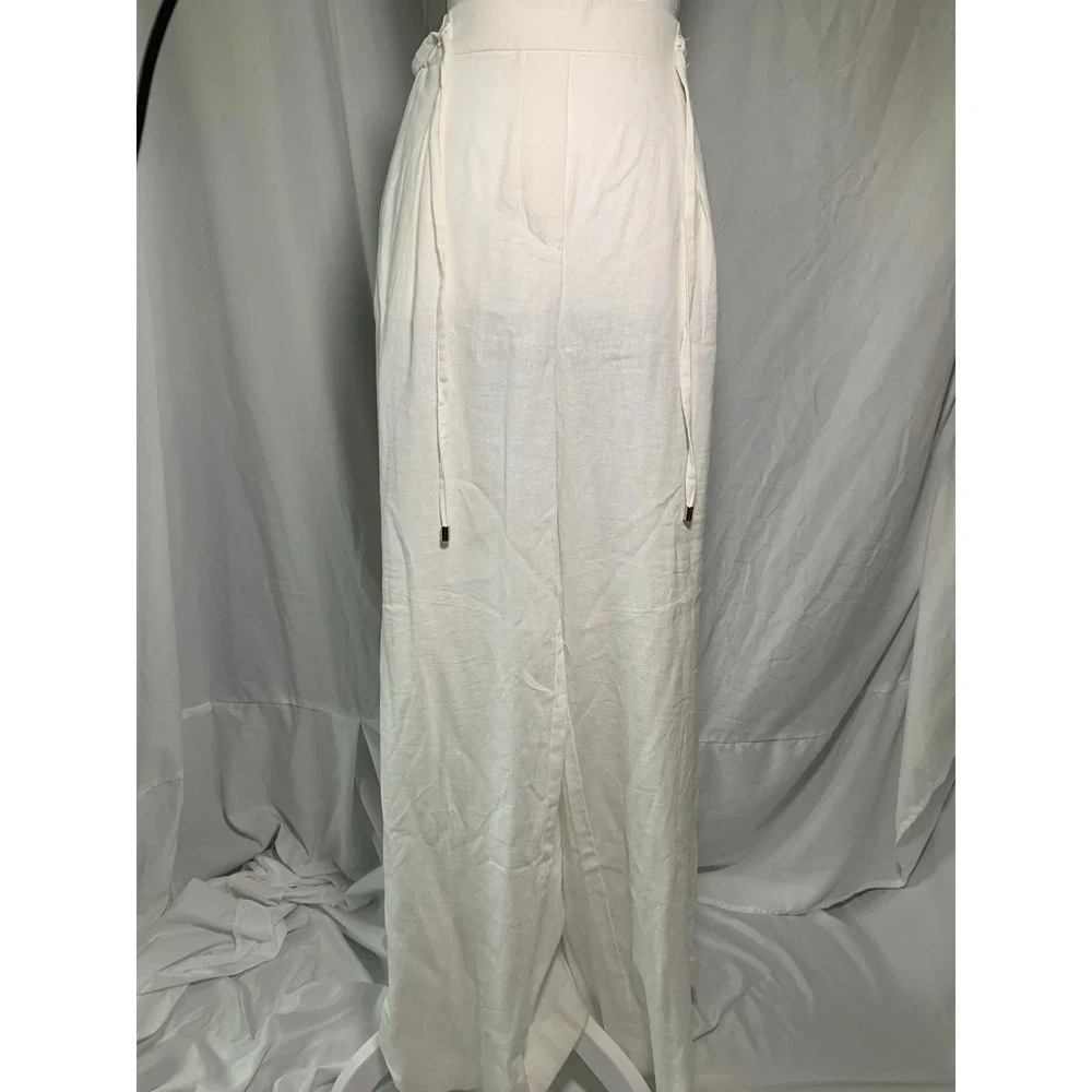 Zara White Linen Blend High Waisted Wide Leg Tie Belt Trousers Pants Large